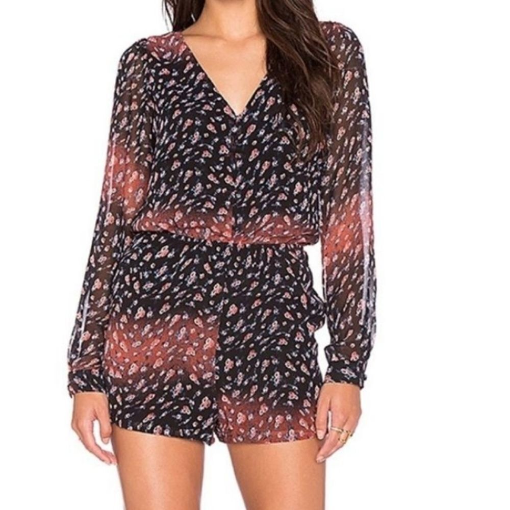 BCBGeneration Long Sleeve V Neck Floral Ombre Semi-Sheer Fall  Button Up Romper